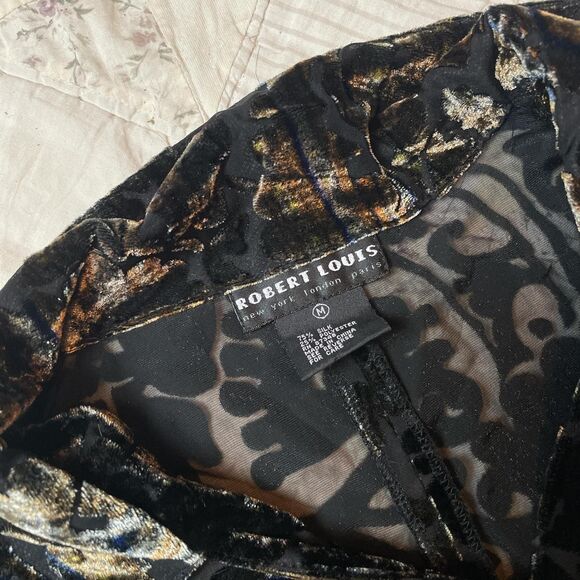 robert louis 90s black blue and tan silk and velvet colorshift button up medium - Picture 3 of 7
